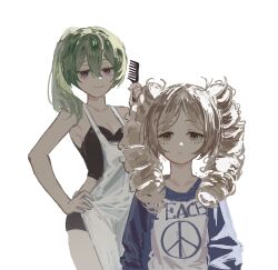 Rule 34 | 2girls, apron, bare shoulders, black bra, black panties, blue shirt, borrowed hairstyle, bra, brown eyes, brown hair, comb, commentary, diyokama, drill hair, english text, frown, green hair, hand on own hip, hashtag-only commentary, highres, holding, holding comb, long hair, multiple girls, panties, peace symbol, ponytail, print shirt, purple eyes, sense (sousou no frieren), shirt, simple background, sousou no frieren, twintails, ubel (sousou no frieren), underwear, white apron, white background