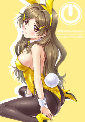 Rule 34 | 1girl, animal ears, ass, back-seamed legwear, black pantyhose, blush, bow, bowtie, breasts, brown eyes, brown hair, character name, commentary request, copyright name, detached collar, fake animal ears, hair ornament, hairclip, leotard, looking at viewer, medium breasts, nonbe, pantyhose, parted lips, playboy bunny, power symbol, rabbit ears, rabbit tail, seamed legwear, shinomiya himawari, simple background, sitting, smile, solo, strapless, strapless leotard, tail, vividred operation, wariza, wavy hair, wrist cuffs, yellow background, yellow bow, yellow bowtie, yellow leotard