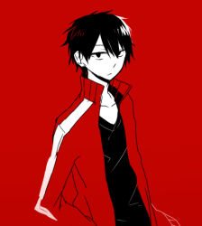 Rule 34 | 1boy, :/, arms at sides, asahimachi, black eyes, black hair, black shirt, closed mouth, collarbone, collared jacket, commentary request, empty eyes, hair between eyes, jacket, kagerou project, kisaragi shintarou, looking at viewer, male focus, mekakucity actors, open clothes, open jacket, popped collar, red background, red jacket, red theme, shirt, simple background, sketch, solo, striped clothes, striped jacket, t-shirt, track jacket, upper body