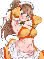 Rule 34 | 1girl, apron, armpits, arms up, bandeau, bare shoulders, blush, bow, bowtie, breasts, brown hair, cleavage, closed mouth, collar, detached collar, detached sleeves, flower, frilled apron, frilled skirt, frills, from side, green bow, green bowtie, green eyes, hair flower, hair ornament, highres, idolmaster, idolmaster cinderella girls, idolmaster cinderella girls starlight stage, karan, large breasts, long hair, looking at viewer, makihara shiho, midriff, navel, ponytail, red flower, red trim, simple background, skirt, smile, solo, waist apron, white apron, white background, white collar, white headdress, yellow bandeau, yellow skirt, yellow sleeves