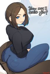 Rule 34 | 1boy, 1girl, artist name, ass, black shirt, blue eyes, blue pants, breasts, brown hair, brown pants, bulge, buttjob, buttjob over clothes, collared shirt, denim, ear piercing, english text, erection, erection under clothes, freckles, highres, huge ass, jeans, large breasts, mole, mole under eye, pants, pantylines, parted bangs, piercing, probablynoon, product girl, samsung, samsung sam, shirt, short hair, sitting, sitting on lap, sitting on person, smile, zoom layer