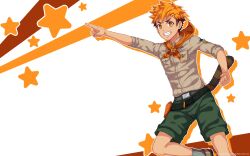 Rule 34 | 1boy, akiba hiro, belt, brown shirt, camp buddy, feet out of frame, green shorts, hair ornament, hairpin, highres, looking at viewer, male focus, mikkoukun, official art, official wallpaper, orange eyes, orange hair, orange hood, pointing, shirt, shorts, smile, solo, star (symbol), starry background, tail, undercut, white background