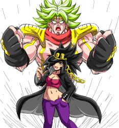 Rule 34 | 10s, 2girls, armor, artist request, black hair, breasts, caulifla, chain, cleavage, clenched hands, coat, cosplay, dragon ball, dragon ball super, earrings, fingerless gloves, gakuran, gloves, hand in pocket, hat over one eye, hoop earrings, jewelry, jojo no kimyou na bouken, kale (dragon ball), kuujou joutarou, kuujou joutarou (cosplay), large breasts, long coat, long hair, multiple girls, muscular, muscular female, navel, no pupils, open clothes, open coat, pants, parody, pauldrons, red scarf, scarf, school uniform, shoulder armor, stand (jojo), star platinum, stomach, strapless, super saiyan, tube top