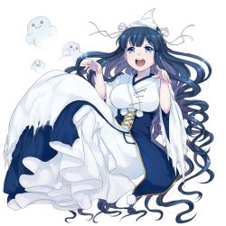 Rule 34 | 1girl, blue eyes, blue hair, character request, dress, full body, ghost, highres, long hair, matching hair/eyes, official art, open mouth, round teeth, simple background, solo, teeth, torn clothes, very long hair, white background, youkai hyakki-tan!