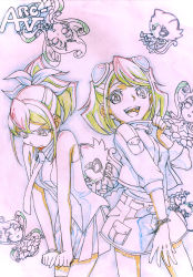 Rule 34 | 2girls, bow, bracelet, bracelet girls, colored pencil (medium), duel monster, graphite (medium), hair bow, highres, hiiragi yuzu, jacket, jewelry, looking at viewer, multiple girls, necktie, ponytail, serena (yu-gi-oh!), shirt, short hair, shorts, siblings, sisters, traditional media, twin switch, twins, twintails, wakewaka, yu-gi-oh!, yu-gi-oh! arc-v