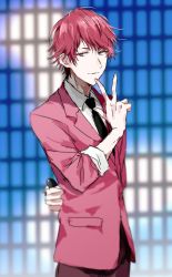 Rule 34 | 10s, 1boy, arm behind back, black necktie, clenched hand, closed mouth, cowboy shot, formal, idol, looking to the side, maiyama shun, male focus, microphone, necktie, pocket, red eyes, red hair, shounen hollywood, sleeves rolled up, smile, solo, suit, urahara