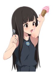 1girl absurdres arm_up black_hair blue_dress brown_eyes dress food food_on_face highres holding holding_ice_cream_cone holding_spoon ice_cream ice_cream_cone ice_cream_cone_spill licking_arm light_blush long_hair make_heroine_ga_oo_sugiru! nishizuki_shino nukumizu_kaju open_mouth single_tooth spoon straight_hair teeth upper_body upper_teeth_only white_background