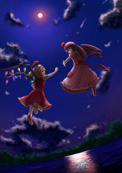 Rule 34 | 2girls, bat wings, blonde hair, blouse, blue hair, cloud, commentary request, crystal, dutch angle, fang, flandre scarlet, flying, forest, from behind, full moon, glowing, glowing eyes, hat, hat ribbon, highres, juliet sleeves, lake, long sleeves, looking at another, luke (kyeftss), mob cap, moon, moonlight, multiple girls, nature, night, night sky, open mouth, outdoors, outstretched hand, pink shirt, pink footwear, puffy short sleeves, puffy sleeves, red eyes, red footwear, red skirt, red vest, reflection, remilia scarlet, ribbon, shirt, short hair, short sleeves, siblings, side ponytail, sisters, skirt, sky, touhou, vest, white shirt, wings