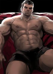 Rule 34 | 1boy, abs, bara, beard, black male underwear, boxers, bulge, couch, darius (league of legends), dopey (dopq), facial hair, feet out of frame, highres, large pectorals, league of legends, looking at viewer, male focus, male underwear, mature male, muscular, muscular male, mustache, navel, navel hair, nipples, old, old man, on couch, pectorals, scar, scar across eye, scar on face, short hair, sideburns, solo, spread legs, stomach, stubble, thick eyebrows, thick thighs, thighs, underwear, underwear only, unfinished, veins