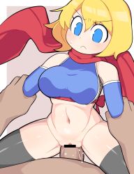 Rule 34 | 1boy, 1girl, :&lt;, alice margatroid, arm grab, bar censor, black thighhighs, blonde hair, blue eyes, blue gloves, blush, bottomless, breasts, brown background, censored, clothed sex, commentary, cookie (touhou), cowboy shot, cowgirl position, elbow gloves, fishnets, girl on top, gloves, hair between eyes, hetero, hospital king, large breasts, medium bangs, navel, ninja, open mouth, penis, pussy, red scarf, scarf, sex, shiny skin, short hair, solo focus, straddling, textless version, thighhighs, touhou, two-tone background, underbust, v-shaped eyebrows, vaginal, web (cookie), white background