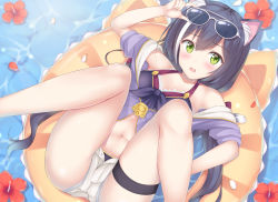 Rule 34 | 1girl, adjusting eyewear, animal ear fluff, animal ears, arm up, bare shoulders, bikini, bikini under clothes, black hair, blurry, blurry background, blush, cat ears, cat girl, cat tail, commentary request, depth of field, eyewear on head, fang, flower, flower on liquid, front-tie bikini top, front-tie top, green eyes, hair between eyes, innertube, innertube with ears, jacket, karyl (princess connect!), karyl (summer) (princess connect!), knees up, looking at viewer, lying, multicolored hair, off shoulder, on back, open clothes, open fly, open jacket, open mouth, open shorts, princess connect!, purple bikini, purple jacket, red flower, satsuki mocchi, short shorts, shorts, solo, streaked hair, sunglasses, swim ring, swimsuit, tail, thigh strap, water, white-framed eyewear, white hair, white shorts
