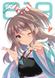 Rule 34 | 1girl, blowing kiss, brown eyes, commentary request, hachimaki, happy birthday, headband, high ponytail, japanese clothes, kantai collection, kawai maria, light brown hair, long hair, looking at viewer, muneate, one eye closed, simple background, solo, upper body, white background, zuihou (kancolle)