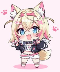 Rule 34 | 1girl, adju ster, animal ear fluff, animal ears, bandaid, bandaid hair ornament, black collar, black jacket, blonde hair, blue background, blue eyes, blush, chibi, collar, commentary, cropped jacket, cropped shirt, dog ears, dog girl, dog tail, fake horns, fang, full body, fur-trimmed jacket, fur trim, hair ornament, hairband, hololive, hololive english, horns, jacket, long sleeves, looking at viewer, midriff, mococo abyssgard, mococo abyssgard (1st costume), open mouth, paw print, paw print background, red hairband, shirt, short hair, short shorts, shorts, simple background, solo, standing, tail, two side up, virtual youtuber, white shirt, white shorts, x hair ornament