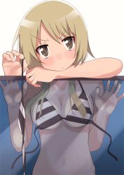 Rule 34 | 1girl, against glass, bikini, unworn bikini top, blonde hair, blue background, blush, breasts, brown eyes, cleavage, closed mouth, collarbone, highres, ichii yui, large breasts, looking at viewer, navel, photo (object), short hair, simple background, solo, swimsuit, tennosuke (tejons), upper body, white background, yuyushiki