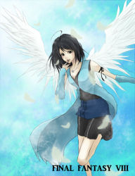 Rule 34 | 1990s (style), 1girl, angel wings, bike shorts, black eyes, black hair, detached sleeves, feathers, female focus, final fantasy, final fantasy viii, gradient background, jewelry, long hair, miniskirt, necklace, retro artstyle, rinoa heartilly, skirt, solo, strife811, wings