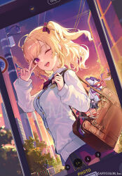 Rule 34 | 1girl, ahoge, bag, blonde hair, blush, bow, bowtie, breasts, brown bag, cardigan, collared shirt, dutch angle, holding, holding bag, large breasts, long sleeves, looking at viewer, medium hair, nijisanji, one eye closed, open mouth, pink nails, purple eyes, red bow, red bowtie, sample watermark, school uniform, shirt, short hair, sidelocks, solo, takamiya rion, takamiya rion (6th costume), teeth, ttosom, upper body, upper teeth only, v over eye, viewfinder, virtual youtuber, watermark, white cardigan, white shirt