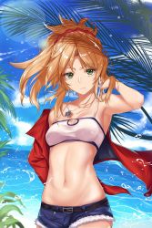 Rule 34 | 1girl, :i, armpits, bandeau, beach, blonde hair, day, fate (series), green eyes, highres, jacket, jewelry, konata (knt banri), long hair, midriff, mordred (fate), mordred (fate/apocrypha), mordred (memories at trifas) (fate), necklace, outdoors, short shorts, shorts, solo, stomach, strap pull