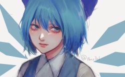 Rule 34 | 1girl, blue dress, blue eyes, blue hair, bow, cirno, collared shirt, dress, hair bow, looking to the side, portrait, shirt, short hair, sketch, smile, solo, tama (ponz3o1), touhou, twitter username, white background, white shirt