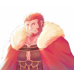Rule 34 | 1boy, armor, backlighting, bad id, bad twitter id, bara, beard, breastplate, cape, cleavage cutout, clothing cutout, commission, facial hair, fate/zero, fate (series), fur-trimmed cape, fur trim, grin, highres, iskandar (fate), kagemaru (kagemaru321), leather, looking at viewer, male focus, mature male, muscular, muscular male, one eye closed, pectoral cleavage, pectorals, red eyes, red hair, short hair, smile, solo, upper body