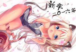 Rule 34 | 10s, 1girl, animal ears, bad id, bad pixiv id, blonde hair, blue eyes, blush, cat ears, cat tail, commentary request, fang, flat chest, flower, hair flower, hair ornament, jacket, kantai collection, long hair, looking at viewer, lying, natuna natu, on side, one-piece tan, open clothes, open jacket, open mouth, paw pose, petals, ro-500 (kancolle), school swimsuit, solo, swimsuit, tail, tan, tanline