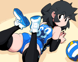 Rule 34 | 1girl, 69, artist name, ass, ball, black eyes, black nails, black thighhighs, blue shorts, character name, highres, jersey, legs up, looking at viewer, lucia (scott malin), lying, nail polish, on stomach, original, scott malin, shadow, shoes, shorts, skindentation, solo, sportswear, thighhighs, thighs, volleyball, volleyball (object), volleyball uniform, white footwear