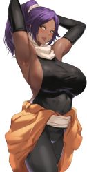 Rule 34 | 1girl, aji (sakanaaj1), armpits, arms up, bleach, blush, breasts, clothes around waist, commentary request, dark-skinned female, dark skin, elbow gloves, gloves, highres, jacket, jacket around waist, large breasts, long hair, looking at viewer, open mouth, ponytail, purple hair, scarf, shihouin yoruichi, simple background, smile, solo, white background, yellow eyes