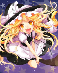 Rule 34 | 1girl, :d, arie9, bad id, bad pixiv id, blonde hair, bow, braid, broom, broom riding, female focus, hat, kirisame marisa, open mouth, smile, solo, star (symbol), touhou, witch, witch hat, yellow eyes