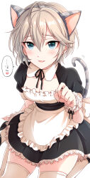 Rule 34 | 1girl, absurdres, anastasia (idolmaster), animal ears, apron, arm support, black dress, blue eyes, blush, breasts, cat ears, cat tail, cleavage, collarbone, dress, fake animal ears, fake tail, frilled apron, frilled dress, frills, grey hair, grey hairband, hair between eyes, hairband, hand up, heart, highres, idolmaster, idolmaster cinderella girls, idolmaster cinderella girls starlight stage, looking at viewer, medium breasts, open mouth, paw pose, popon ta, puffy short sleeves, puffy sleeves, scrunchie, short hair, short sleeves, simple background, sitting, smile, solo, speech bubble, tail, thighhighs, wariza, white apron, white background, white scrunchie, white thighhighs, wrist scrunchie