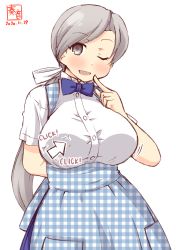 Rule 34 | alternate costume, apron, arm behind back, artist logo, blue apron, blue bow, blue neckwear, bow, bowtie, breasts, chitose (kancolle), commentary request, cursor, dated, employee uniform, gingham apron, grey eyes, grey hair, head tilt, high-waist skirt, highres, index finger raised, kanon (kurogane knights), kantai collection, kobeya, kobeya uniform, large breasts, long hair, looking at viewer, low ponytail, one eye closed, pleated shirt, ponytail, simple background, skirt, swept bangs, uniform, unmoving pattern, very long hair, waitress, white background