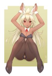 Rule 34 | 10s, 1girl, :o, ahoge, animal ears, arms up, bare arms, black footwear, black pantyhose, blonde hair, blush, bow, bowtie, breasts, cleavage, dark-skinned female, dark skin, detached collar, eyebrows, fake animal ears, granblue fantasy, hair between eyes, hairband, highres, leotard, long hair, medium breasts, mitsumori (an mrz), open mouth, pantyhose, playboy bunny, rabbit ears, rabbit pose, red bow, red eyes, shoes, sitting, solo, twitter username, wristband, zooey (granblue fantasy)