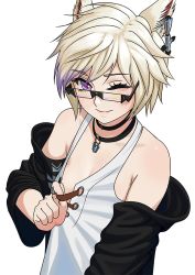 Rule 34 | 1girl, ;), animal ears, warrior of light (ff14), black-framed eyewear, black jacket, blonde hair, breasts, carlo montie, commission, final fantasy, final fantasy xiv, glasses, hair ornament, jacket, jewelry, multicolored hair, necklace, one eye closed, purple eyes, short hair, small breasts, smile, solo, streaked hair, upper body