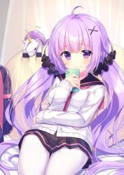 Rule 34 | 1girl, ahoge, azur lane, backpack, bag, black sailor collar, black scrunchie, black skirt, blush, breasts, cardigan, cellphone, closed mouth, commentary request, flying sweatdrops, hair ornament, hair scrunchie, hairclip, highres, holding, holding phone, long hair, long sleeves, looking at viewer, low twintails, pantyhose, phone, pink neckwear, pleated skirt, purple eyes, purple hair, sailor collar, school uniform, scrunchie, serafuku, skirt, sleeves past wrists, small breasts, smile, solo, stuffed animal, stuffed toy, stuffed unicorn, tsukiman, twintails, unicorn (long-awaited date) (azur lane), unicorn (azur lane), very long hair, white cardigan, white pantyhose, x hair ornament