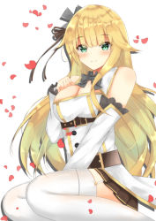 Rule 34 | 1girl, aurora (azur lane), azur lane, bare shoulders, belt, between legs, blonde hair, blush, breasts, buckle, cleavage, closed mouth, detached sleeves, eyes visible through hair, garter straps, green eyes, hair flaps, hair ornament, hand between legs, hand on own chest, highres, jewelry, large breasts, long hair, long sleeves, looking at viewer, petals, simple background, sitting, skindentation, smile, solo, t.o.bi, thighhighs, thighs, very long hair, white background, white thighhighs, yokozuwari