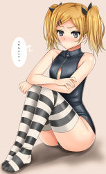 Rule 34 | ..., 10s, 1girl, bad id, bad pixiv id, blonde hair, feet, front zipper swimsuit, grey eyes, hair ornament, hairclip, inu (marukome), legs, looking at viewer, meme attire, one-piece swimsuit, shirobako, short hair, sitting, solo, striped clothes, striped thighhighs, swimsuit, thighhighs, thighs, toes, twintails, yano erika, zipper