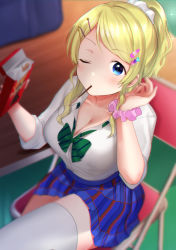 Rule 34 | 1girl, absurdres, ayase eli, blonde hair, blue eyes, blush, bow, bowtie, box, breasts, chair, cleavage, collar, collarbone, collared shirt, crossed legs, food, green bow, green bowtie, hair ornament, hairclip, high ponytail, highres, indoors, kazepana, large breasts, light blush, looking at viewer, looking up, love live!, love live! school idol project, one eye closed, pink scrunchie, plaid, plaid skirt, pleated skirt, pocky, ponytail, scrunchie, shirt, shirt tucked in, sidelocks, sitting, skirt, sleeves rolled up, solo, striped bow, striped bowtie, striped clothes, striped neckwear, thighhighs, thighs, white collar, white scrunchie, white shirt, white thighhighs