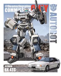Rule 34 | autobot, car, citroen, citroen bx, commission, gun, hand on own hip, highres, holding, holding gun, holding weapon, kamitoge supino, mecha, motor vehicle, no humans, original, piston, robot, rubble, science fiction, smile, solo, transformers, twitter username, watermark, weapon