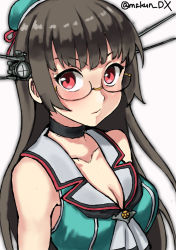 Rule 34 | 1girl, aqua hat, black hair, breasts, choker, choukai (kancolle), choukai kai ni (kancolle), cleavage, hat, headgear, kantai collection, long hair, looking at viewer, maakun (makun dx), medium breasts, one-hour drawing challenge, red eyes, simple background, sleeveless, solo, twitter username, white background
