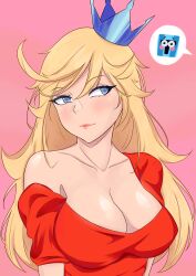 Rule 34 | 1boy, 1girl, 5mhmyhead, absurdres, babe (jump king), blonde hair, blue eyes, blush, breasts, cleavage, collarbone, crown, highres, jump king, jump king (character), large breasts, long hair, pink background, puffy short sleeves, puffy sleeves, shadow, short sleeves, simple background, single bare shoulder, solo focus, strap slip, upper body