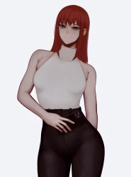 Rule 34 | 1girl, absurdres, bad id, bad pixiv id, black pants, brown eyes, camera phone, chainsaw man, cowboy shot, high-waist pants, highres, long hair, looking at viewer, makima (chainsaw man), pants, red hair, ringed eyes, skin tight, sleeveless, smile, solo, standing, white background, zaki (zaki btw)