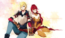 Rule 34 | 1boy, 1girl, blonde hair, blue eyes, breasts, couple, elbow gloves, english text, forehead protector, gloves, holding hands, hetero, hsiang ning, jaune arc, long hair, ponytail, pyrrha nikos, red hair, rwby, short hair, smile, spoilers