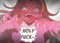 Rule 34 | 1girl, blood, brown hair, crazy eyes, crazy smile, dark-skinned female, dark skin, earrings, emphasis lines, english text, heart, heart-shaped pupils, highres, hoop earrings, in heat, jewelry, long hair, multicolored eyes, nosebleed, nyantcha, original, pink sweater, pov, pov hands, profanity, ribbed sweater, sharp teeth, smile, solo focus, sweater, symbol-shaped pupils, teeth, tongue, tongue out, tsona (nyantcha), wide-eyed, you gonna get raped