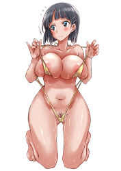 Rule 34 | 1girl, absurdres, black hair, breasts, cleft of venus, closed mouth, female focus, highres, japanese text, kirigaya suguha, large areolae, nipples, pussy, short hair, source request, swimsuit, sword art online, text focus, translation request, wedgie, yazawa mana