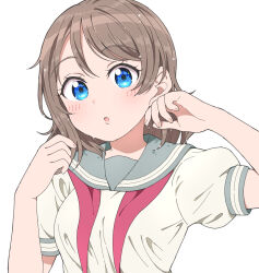 Rule 34 | 1girl, :o, blue eyes, breasts, grey sailor collar, highres, jenny (je2live), looking at viewer, loose neckerchief, love live!, love live! sunshine!!, medium breasts, parted lips, sailor collar, school uniform, shirt, short hair, short sleeves, solo, summer uniform, upper body, uranohoshi school uniform, watanabe you, wet, wet clothes, wet shirt, white shirt
