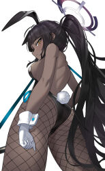 Rule 34 | animal ears, arm at side, ass, back, backless leotard, bare back, bare shoulders, black hair, black halo, black leotard, black pantyhose, blue archive, blunt bangs, breasts, closed mouth, commentary, cowboy shot, dark-skinned female, dark skin, fake animal ears, fake tail, fishnet pantyhose, fishnets, from below, gloves, hair intakes, halo, highleg, highleg leotard, highres, karin (blue archive), karin (bunny) (blue archive), leotard, light blush, long hair, looking at viewer, median furrow, medium breasts, official alternate costume, official alternate hairstyle, pantyhose, playboy bunny, ponytail, rabbit ears, rabbit tail, sidelocks, simple background, strapless, strapless leotard, tail, teallysky, thighs, very long hair, white background, white gloves, wrist cuffs, yellow eyes