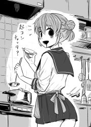 Rule 34 | 1girl, 4shi, :d, apron, ass, bags under eyes, bottle, commentary request, cooking, cooking pot, cowboy shot, dango-chan (4shi), drooling, faucet, food bite, from behind, greyscale, hair bun, hands up, highres, holding, holding ladle, holding plate, hollow eyes, indoors, kitchen, ladle, looking at viewer, looking back, monochrome, notice lines, open mouth, original, plate, pleated skirt, sailor collar, school uniform, serafuku, shirt, short hair, skirt, smile, solo, spatula, stove, tasting plate, tile wall, tiles, translation request