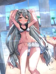Rule 34 | armpits, bad id, bad pixiv id, bench, breasts, character name, cleavage, drink, girls&#039; frontline, hair ornament, hairclip, highres, long hair, looking away, mg4 (girls&#039; frontline), navel, penis, pool, silver hair, small penis, solo, swimsuit, tandozzing, very long hair