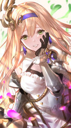 Rule 34 | 1girl, armor, black gloves, blonde hair, breasts, cleavage, cleavage cutout, clothing cutout, commentary, dress, earrings, elbow gloves, enyo (granblue fantasy), gloves, granblue fantasy, green eyes, hairband, hand on own cheek, hand on own face, highres, jewelry, lips, long hair, looking at viewer, medium breasts, petals, shoulder armor, sleeveless, sleeveless dress, smile, solo, suzu (suzuame329), tassel, tassel earrings, teeth, upper body, vambraces, white dress