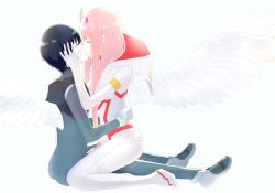 Rule 34 | 10s, 1boy, 1girl, asymmetrical horns, black hair, closed eyes, couple, crying, darling in the franxx, face-to-face, gloves, hand on another&#039;s face, hetero, hiro (darling in the franxx), horns, kiss, long hair, nakodayo09, pilot suit, pink hair, short hair, uneven horns, wings, zero two (darling in the franxx)