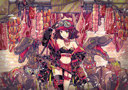 Rule 34 | 1girl, ammunition belt, animal, arm up, bare shoulders, baseball cap, breasts, cable, cleavage, collar, commentary request, cowboy shot, crystal, dinosaur, fingerless gloves, food, gears, gloves, goggles, goggles on head, grin, gun, hat, highres, jacket, kuh tapiru, linea alba, linked sausages, looking at viewer, meat, medium breasts, medium hair, midriff, navel, o-ring, off shoulder, open clothes, open jacket, original, raw meat, red hair, red hat, rifle, rope, sausage, scope, sharp teeth, short shorts, shorts, sign, signature, single thighhigh, smile, sniper rifle, solo, standing, star (symbol), strapless, teeth, thigh gap, thighhighs, thighs, tube top, velociraptor, weapon, yellow eyes
