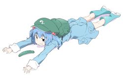Rule 34 | 1girl, :3, backpack, bag, blue dress, blue footwear, boots, cabbie hat, cucumber, dress, full body, green bag, green hat, hair bobbles, hair ornament, hat, kawashiro nitori, kt kkz, long sleeves, lying, medium hair, on stomach, outstretched arms, solo, touhou, two side up, white background